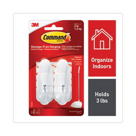 Command MMM17068ES General Purpose Wire Hooks, Medium, Metal, White, 3 lb Capacity, 2 Hooks and 4 Strips/Pack