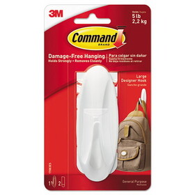 Command MMM17083ES General Purpose Hooks, Large, Plastic, White, 5 lb Capacity, 1 Hook and 2 Strips/Pack