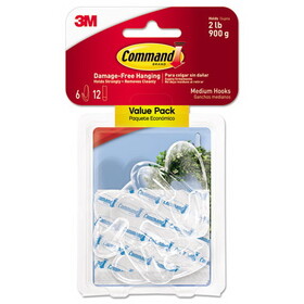 Command MMM17091CLR6ES Clear Hooks and Strips, Medium, Plastic, 2 lb Capacity, 6 Hooks and 12 Strips/Pack