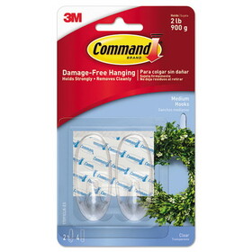 Command MMM17091CLRES Clear Hooks and Strips, Medium, Plastic, 2 lb Capacity, 2 Hooks and 4 Strips/Pack