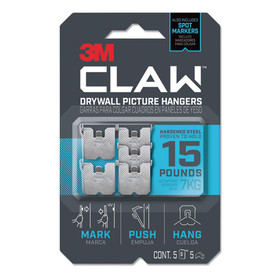 3M MMM3PH15M5ES Claw Drywall Picture Hanger, Holds 15 lbs, 5 Hooks and 5 Spot Markers, Stainless Steel
