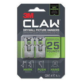 3M MMM3PH25M4ES Claw Drywall Picture Hanger, Stainless Steel, 25 lb Capacity, 4 Hooks and 4 Spot Markers,