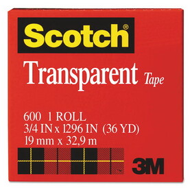 Scotch MMM600341296 Transparent Tape, 3/4" X 1296", 1" Core, Clear
