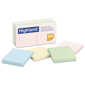 Highland MMM6549A Self-Stick Notes, 3" x 3", Assorted Pastel Colors, 100 Sheets/Pad, 12 Pads/Pack