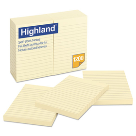 Highland MMM6609YW Self-Stick Notes, Note Ruled, 4" x 6", Yellow, 100 Sheets/Pad, 12 Pads/Pack