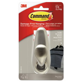 Command MMMFC13BNES Adhesive Mount Metal Hook, Large, Brushed Nickel Finish, 5 lb Capacity, 1 Hook and 2 Strips/Pack