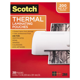 Scotch MMMTP3854200 Letter Size Thermal Laminating Pouches, 3 Mil, 11 2/5 X 8 9/10, 200 Per Pack