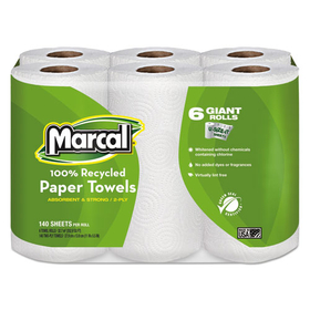 Marcal MRC6181PK 100% Premium Recycled Kitchen Roll Towels, 2-Ply, 11 x 5.5, White, 140/Roll, 6 Rolls/Pack
