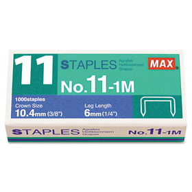 Max MXBNO111M No. 11 Mini Staples, 0.25" Leg, 0.38" Crown, Steel, 1,000/Box