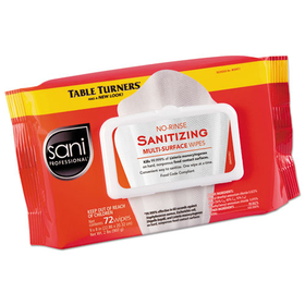 Sani Professional M30472 Table Turners No-Rinse Sanitizing Wipes, 9" x 8", White, 72 Wipes/PK, 12/Carton