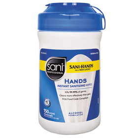 Sani Professional NICP43572CT Hands Instant Sanitizing Wipes With Tencel, 5" X 6", White, 150/canister, 12/ct