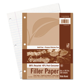 Pacon PAC3203 Ecology Filler Paper, 8 X 10-1/2, Wide Ruled, 3-Hole Punch, White, 150 Sheets/pk