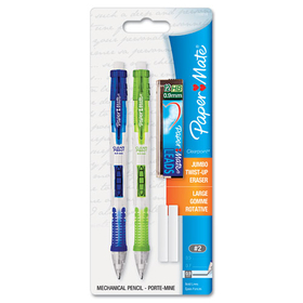 Paper Mate PAP1759214 Clear Point Mechanical Pencils with Tube of Lead/Erasers, 0.9 mm, HB (#2), Black Lead, Assorted Barrel Colors, 2/Pack