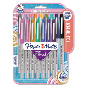 Paper Mate PAP2027233 Flair Felt Tip Porous Point Pen, Stick, Extra-Fine 0.4 mm, Assorted Ink Colors, Gray Barrel, 16/Pack