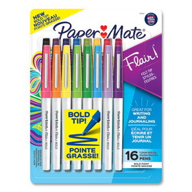 Paper Mate PAP2125413 Flair Felt Tip Porous Point Pen, Stick, Bold 1.2 mm, Assorted Ink Colors, White Pearl Barrel, 16/Pack