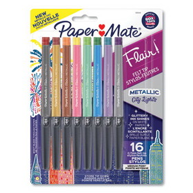 Paper Mate PAP2129448 Flair Metallic Porous Point Pen, Stick, Medium 0.7 mm, Assorted Ink and Barrel Colors, 16/Pack