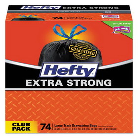 Hefty PCTE85274 Strong Multipurpose Drawstring Trash Bags, 30 gal, 1.1 mil, 30" x 33", Black, 74/Box