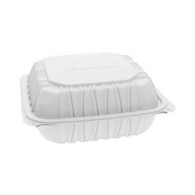 Pactiv Evergreen PCTYCNW0853 EarthChoice Vented Microwavable MFPP Hinged Lid Container, 3-Compartment, 8.5 x 8.5 x 3.1, White, Plastic, 146/Carton