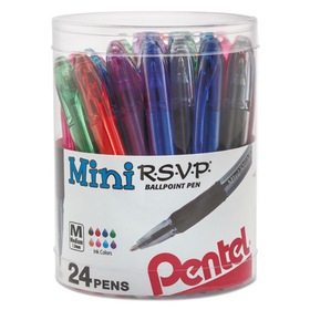 Pentel PENBK91MN24M R.S.V.P. Mini Ballpoint Pen, Stick, Medium 1 mm, Assorted Ink and Barrel Colors, 24/Pack