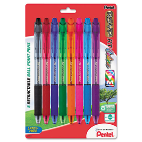Pentel PENBK93CRBP8M R.S.V.P. RT Ballpoint Pen, Retractable, Medium 1 mm, Assorted Ink Colors, Clear Barrel, 8/Pack