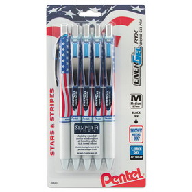 Pentel BL77USABP5A EnerGel RTX Retractable Gel Pen, 0.7mm, Black Ink, Red/White/Blue Barrel, 5/Pack