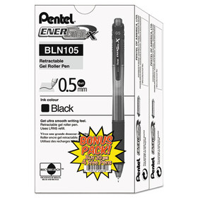 Pentel PENBLN105ASW2 EnerGel-X Gel Pen, Retractable, Fine 0.5 mm Needle Tip, Black Ink, Clear/Black Barrel, 24/Pack