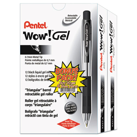 Pentel PENK437ASW2 WOW! Gel Pen Bonus Pack, Retractable, Medium 0.7 mm, Black Ink, Clear/Black Barrel, 24/Pack