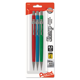 Pentel PENP205MBP3M1 Sharp Mechanical Pencil, 0.5 mm, HB (#2), Black Lead, Assorted Barrel Colors, 3/Pack