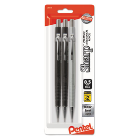 Pentel PENP205MBP3M Sharp Mechanical Pencil, 0.5 mm, HB (#2), Black Lead, Assorted Barrel Colors, 3/Pack