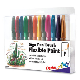 Pentel Arts PENSES15CPC12 Sign Pen Brush Flexible Point Marker Pen, Fine Brush Tip, Assorted Colors, Dozen