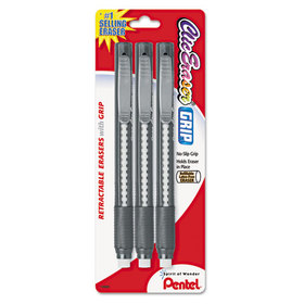 PENTEL OF AMERICA PENZE21BP3K6 Clic Eraser Grip Eraser, For Pencil Marks, White Eraser, Randomly Assorted Barrel Color, 3/Pack