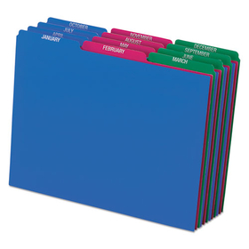 Pendaflex PFX40144 Poly Top Tab File Guides, 1/3-Cut Top Tab, January to December, 8.5 x 11, Assorted Colors, 12/Set