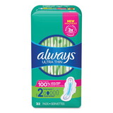 Always PGC97020 Ultra Thin Pads with Wings, Size 2, Long, Super Absorbent, 32/Pack, 3 Packs/Carton