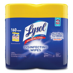 Lysol RAC80296PK Disinfecting Wipes, 1-Ply, 7 x 7.25, Lemon and Lime Blossom, White, 80 Wipes/Canister, 2 Canisters/Pack