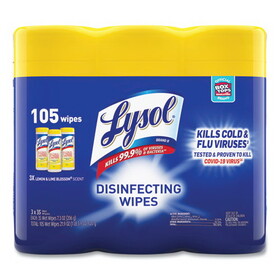 Lysol RAC82159PK Disinfecting Wipes, 1-Ply, 7 x 7.25, Lemon and Lime Blossom, White, 35 Wipes/Canister, 3 Canisters/Pack