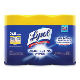 Lysol RAC84251PK Disinfecting Wipes, 1-Ply, 7 x 7.25, Lemon and Lime Blossom, White, 80 Wipes/Canister, 3 Canisters/Pack