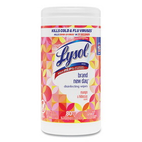 Lysol RAC97181EA Disinfecting Wipes, 1-Ply, 7 x 7.25, Mango and Hibiscus, White, 80 Wipes/Canister