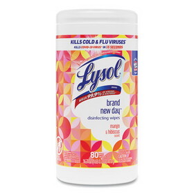 Lysol RAC97181 Disinfecting Wipes, 1-Ply, 7 x 7.25, Mango and Hibiscus, White, 80 Wipes/Canister, 6 Canisters/Carton