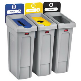Rubbermaid 2007917 Slim Jim Recycling Station Kit, 69 gal, 3-Stream Landfill/Paper/Bottles/Cans