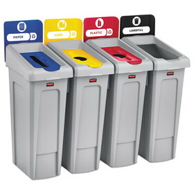 Rubbermaid RCP2007919 Slim Jim Recycling Station Kit, 4-Stream Landfill/Paper/Plastic/Cans, 92 gal, Plastic, Blue/Gray/Red/Yellow