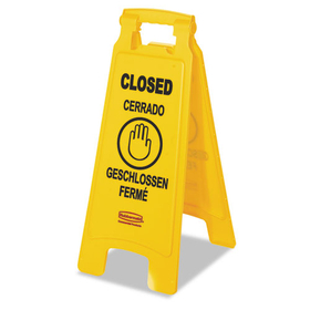 Rubbermaid RCP611278YEL Multilingual "closed" Sign, 2-Sided, Plastic, 11w X 1.5d X 26h, Yellow