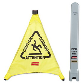Rubbermaid RCP9S00YEL Multilingual Pop-Up Safety Cone, 3-Sided, Fabric, 21 x 21 x 20, Yellow