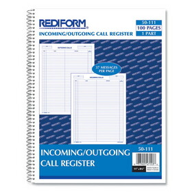 REDIFORM OFFICE PRODUCTS RED50111 Wirebound Call Register, One-Part (No Copies), 11 x 8.5, 100 Forms Total