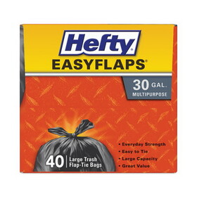 Hefty RFPE27744CT Easy Flaps Trash Bags, Tie-Flap, 30 gal, 0.85 mil, 30" x 33", Black, 40 Bags/Box, 6 Boxes/Carton