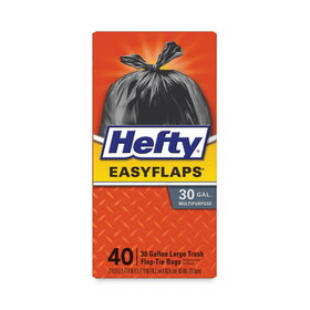Hefty RFPE27744 Easy Flaps Trash Bags, Tie-Flap, 30 gal, 1.05 mil, 30" x 33", Black, 40/Box