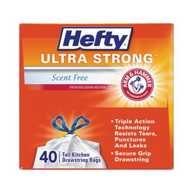 Hefty RFPE88338CT Extra Heavy-Duty Ultra Strong Tall Kitchen Trash Bags, Drawstring, 13 gal, 23.75" x 24.88", White, 40 Bags/Box, 6 Boxes/CT