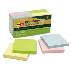 REDI-TAG CORPORATION RTG26704 100% Recycled Self-Stick Notes, 3" x 3", Assorted Pastel Colors, 100 Sheets/Pad, 12 Pads/Pack