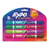 EXPO 1944656 2-in-1 Dry Erase Markers, Broad/Fine Chisel Tip, Assorted Colors, 4/Pack