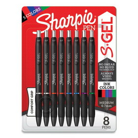 Sharpie SAN2126231 S-Gel High-Performance Gel Pen, Retractable, Medium 0.7 mm, Five Assorted Ink Colors, Black Barrel, 8/Pack