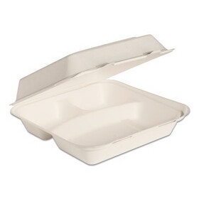 Dart SCCHC9CSC2050 Bare Eco-Forward Bagasse Hinged Lid Containers, ProPlanet Seal, 3-Compartment, 9.6 x 9.4 x 3.2, Ivory, Sugarcane, 200/Carton